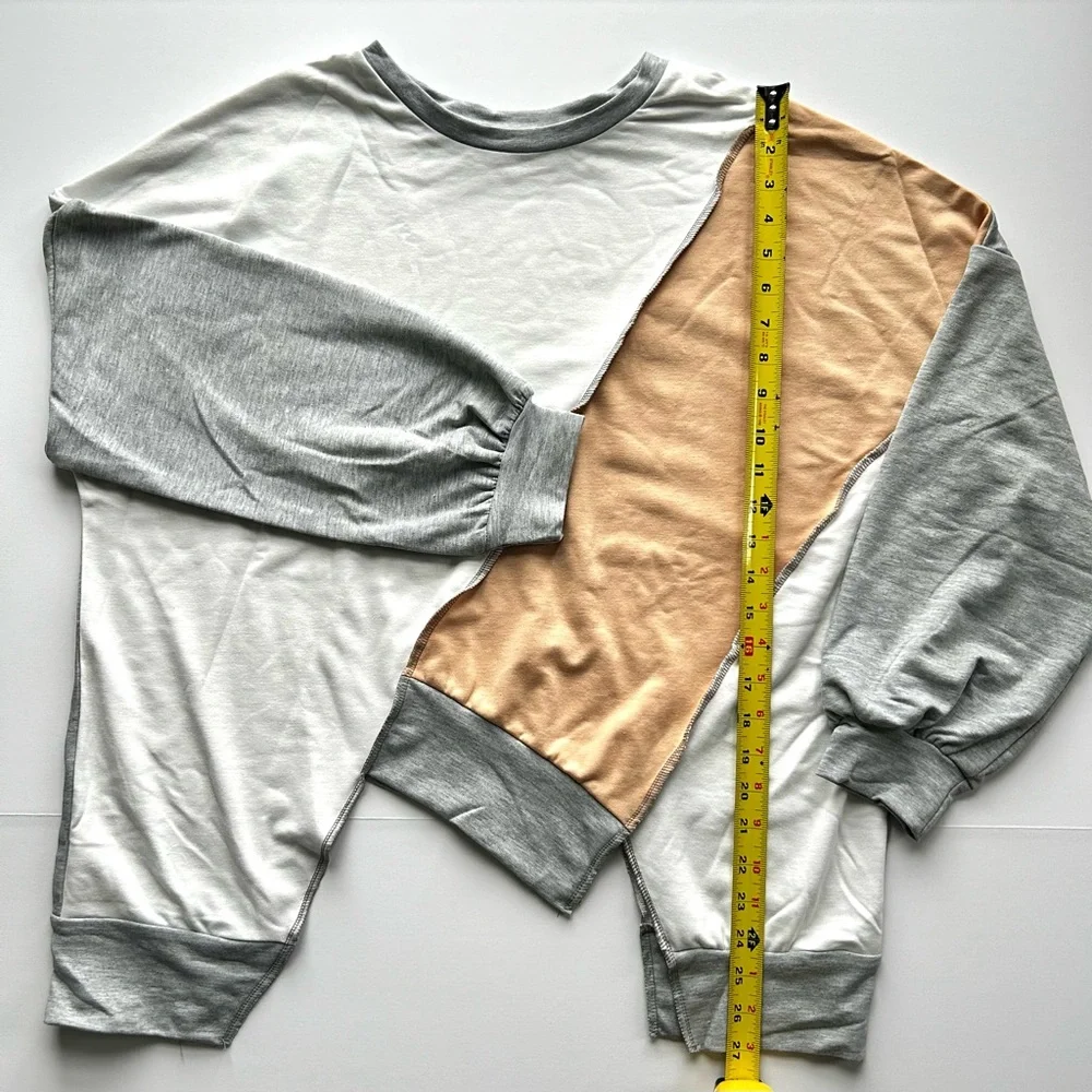 🌸NWOT Patchwork/Colorblock Long Sleeve Top. Tan, Grey & White. 1 SM 1 MED 1 LG - Picture 7 of 11